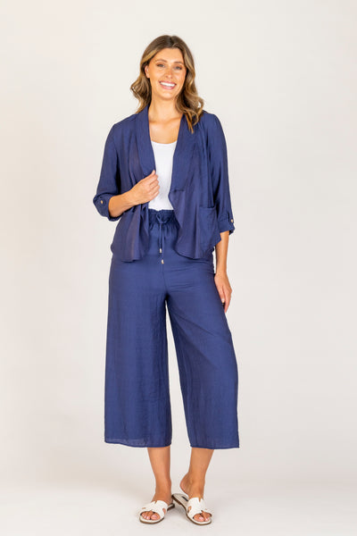 Woman wearing Serena Jacket in cobalt blue by Renoma – open front, lightweight jacket with back zipper detail