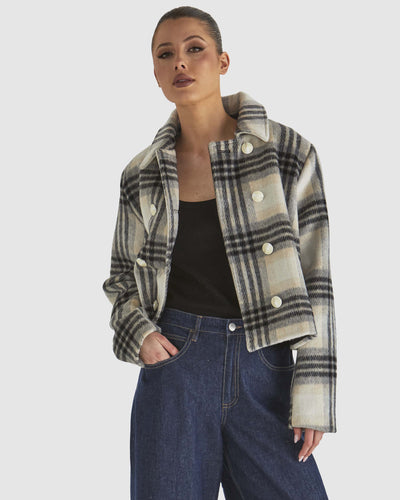 Fate+Becker Peaceful Jacket. Crop Length Jacket in a cream check