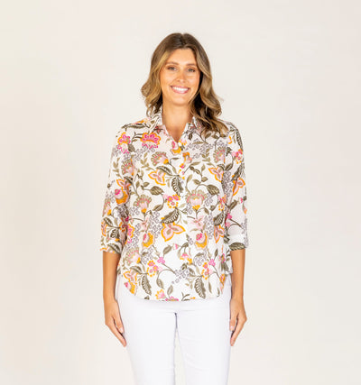 Callan Designs Ava 3/4 Sleeve Floral Shirt close up view– floral button-up shirt with collar