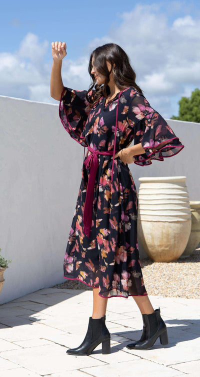 Black Rose Georgette Dress with detachable sash from Joop and Gypsy. Side view. 