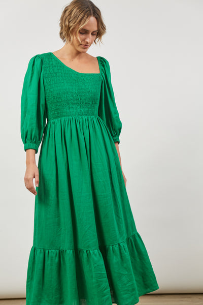Panorama shirred maxis dress in meadow green from Isle of Mine