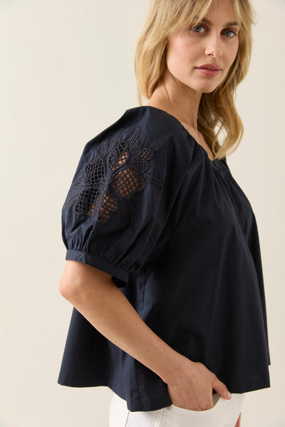 Isloe of Mine Nilsa Button Top close up image on model. 