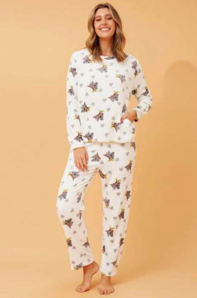 Plush Pyjama Set in a koala print on solid white. Includes pants and top. 