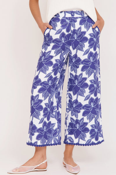 Alondra Printed Linen Pants from Adorne in navy flower print. 