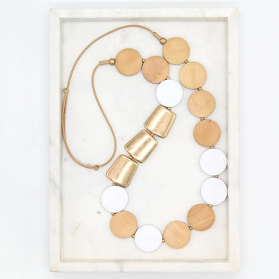 Anna Nova Wooden Necklace – adjustable necklace with natural wood beads, white round accents, and gold statement details, earthy modern style – Binny Bowe Boutique