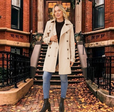 Billie Trench Coat in Clay from Caroline Morgan. Knee length coat with removable belt