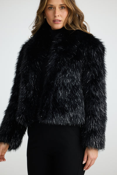 Brave + True Glamour Faux Fur Black Sparkle Jacket.