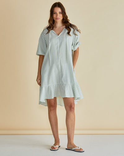 Betty Basics Livvy Dress Green Stripe – Front View Showing Puff Sleeves and Tiered Hem – Casual Summer Dress Australia