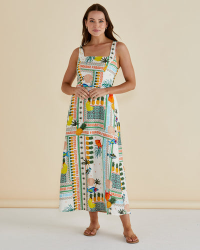 Model wearing Betty Basics Tegan Midi Dress Paradise Print