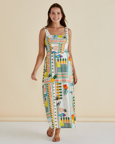 Closeup of Betty Basics Tegan Midi Dress Paradise Print showing fabric detail