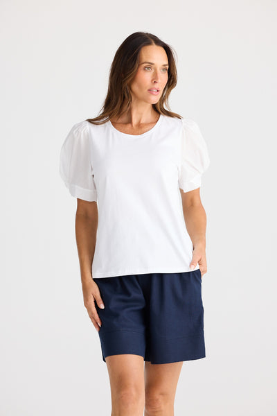 Brave+True Abigail Tee White – front view with puff sleeves
