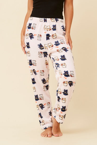 Cat & Ninja Print Pyjama Pants in Pink from Caroline Morgan