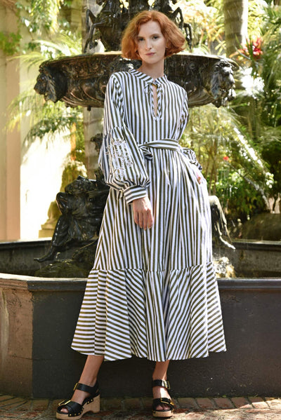 Cut It Out Dress Black & White – Coop by Trelise Cooper striped cotton dress with embroidered sleeves, front view
