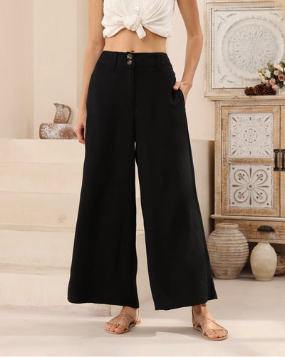 Iris Maxi Black Wide Leg Linen, Silk Blend Pants 