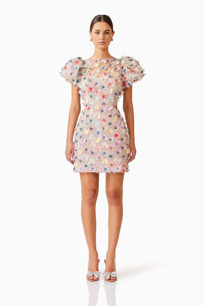 Elliatt Aviva Puff Sleeve Mini Dress.Crafted from 3D butterfly lace fabrication