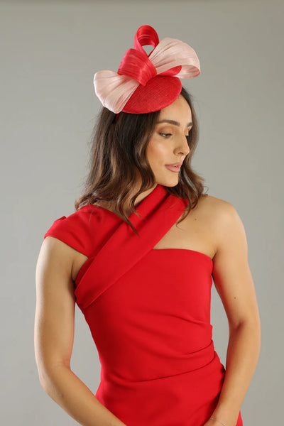 Model wearing Heather Fascinator Red by Morgan & Taylor – racewear fashion.