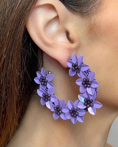 Florence Flower Earrings Mauve from Axessi – statement mauve hoop earrings with 3D flower design, bead and sequin embellishments, worn on ear – Binny Bowe Boutique