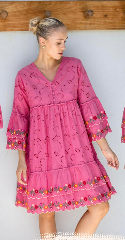 Genoa Embroidered Dress Pink Cactus Rose. Cotton. 
