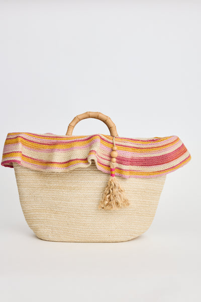 Bella Basket Pink – Holiday Trading woven straw tote bag with bamboo handle and tassel, perfect for beach, markets, and summer outfits