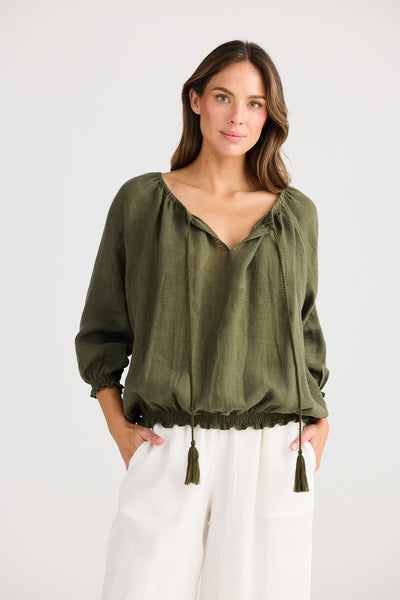Seaside Top Holiday Olive– relaxed fit long sleeve top with raglan sleeves, tassel tie neckline and shirred details, cotton linen blend – Binny Bowe Boutique