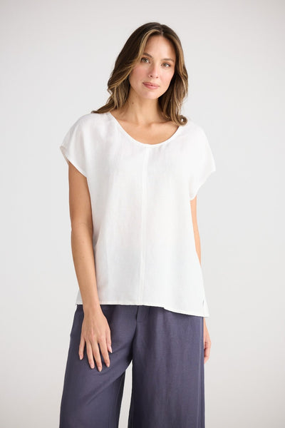 Woman wearing Shanty Co. Havana Tee in white – front view