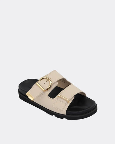 Human Shoes Nelly Slides Bone – double strap slide sandal with gold buckle detailing