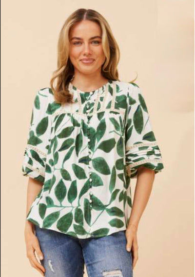 Faye Green Leaf 3/4 Sleeve Top with button front and lace trim, styled with denim.