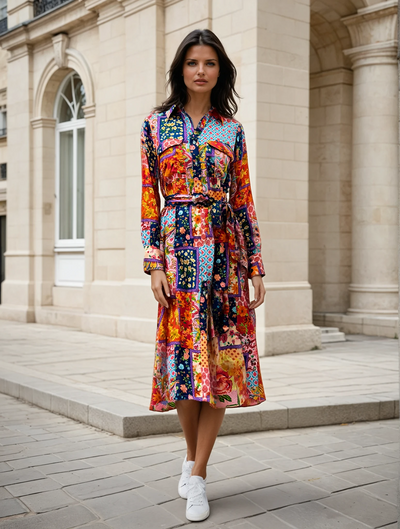 Patch Print Shirt Dress in a Midi Length. Matching sash with Ric Rac Design. 