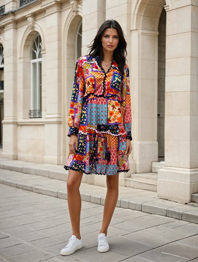 Patch Print Short Dress multi colour with ric rac trim and long sleeves from Joop and Gypsy. 