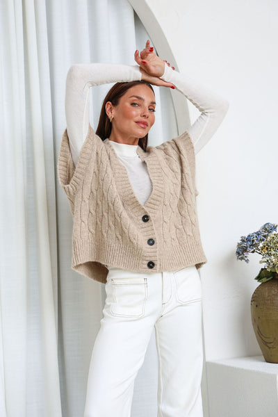 Barnaby Wool Blend Vest with button front opening in a latte colour. 