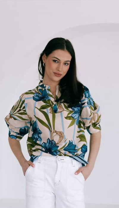 Bahama Sky Blouse Short Sleeve by Joop & Gypsy – front view styled with white pants