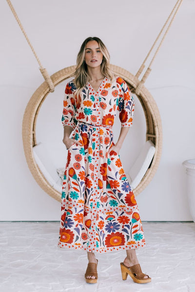 Joop & Gypsy Rue De Emilie Dress Floral Midi – Red Orange Turquoise Violet Print