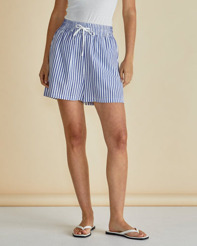 Jovie Shorts Navy Stripe by Betty Basics – front view showing elastic waistband and relaxed leg