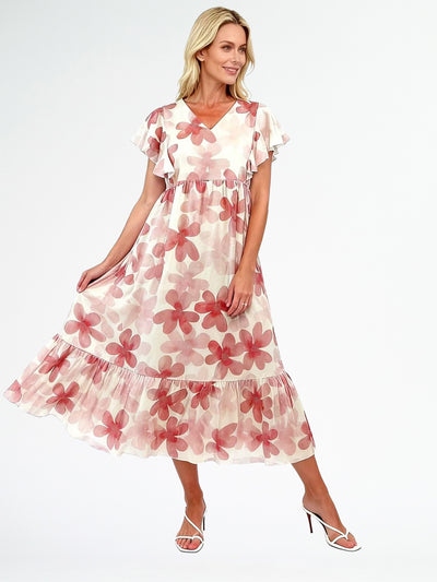 Pink Flora Midi Dress by La Strada – front view with flutter sleeves