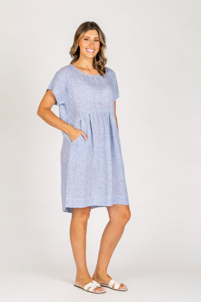 Maglia Pam Dress Blue Linen – relaxed fit short sleeve linen dress with pockets, perfect summer casual style – Binny Bowe Boutique