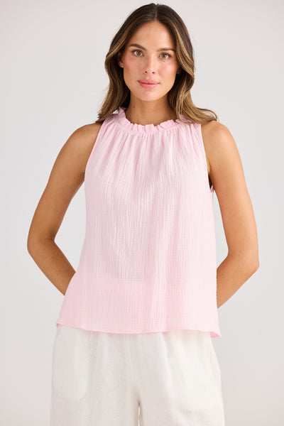 Margot Top Baby Pink Holiday – sleeveless women’s top in crinkle cotton, elasticated neckline, relaxed fit summer style – Binny Bowe Boutique