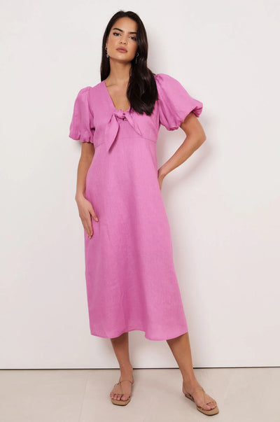 Marissa Tie Detail Linen Dress Adorne – side view pink linen midi dress with bow tie detail