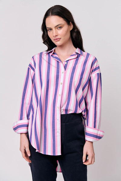 Namastai Awning Long Sleeve Cotton Striped Shirt.  Pink, Blue and White Stripe in S/M & M/L