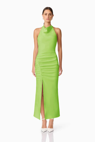 Nerissa Maxi Dress Green - Front View, Cowl Neck Halter Dress with Side Split