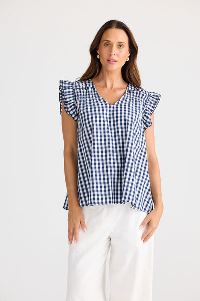 Brave+True Paz Top in navy gingham with V-neckline and frill sleeves, front view