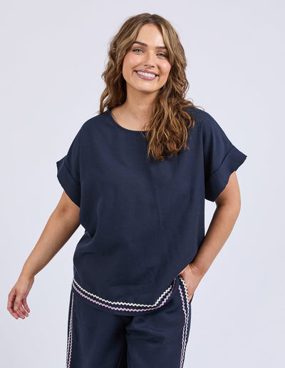 Elm Lifestyle Ric Rac Top in navy with ric rac detailed hemline, relaxed fit, lyocell linen blend – Binny Bowe Boutique.