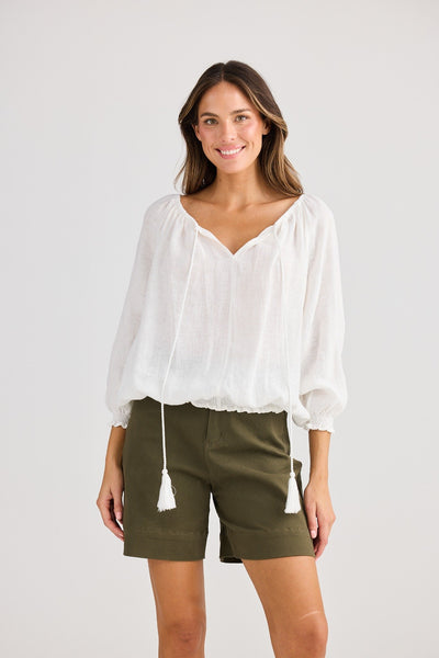 Seaside Top White Holiday – lightweight women’s blouse with tassel neck ties, shirred cuffs and waistband,-Binny Bowe Boutique