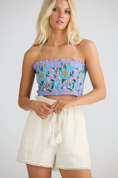Talisman Phoenix Bandeau Lilac Lotus – front view of shirred tube top with frill edges