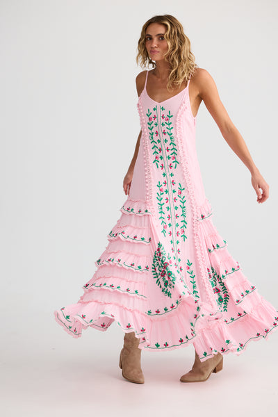 Talisman Sadira Dress Pink with Green – bohemian style summer maxi with embroidery and ruffles