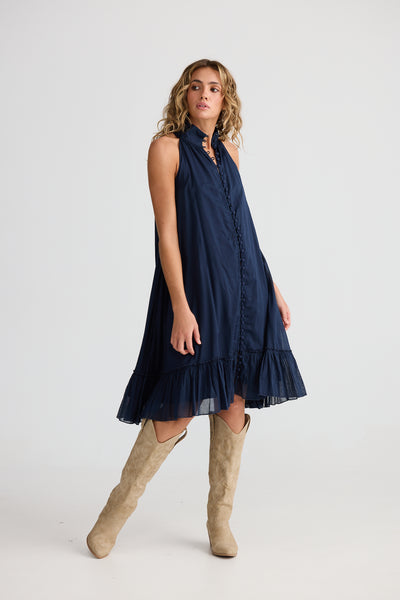 Talisman Tapas Dress in Navy – knee length summer cotton dress