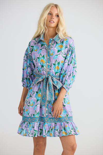 Talisman Echo Dress Lilac Lotus – front view with collared neckline and tie waistband
