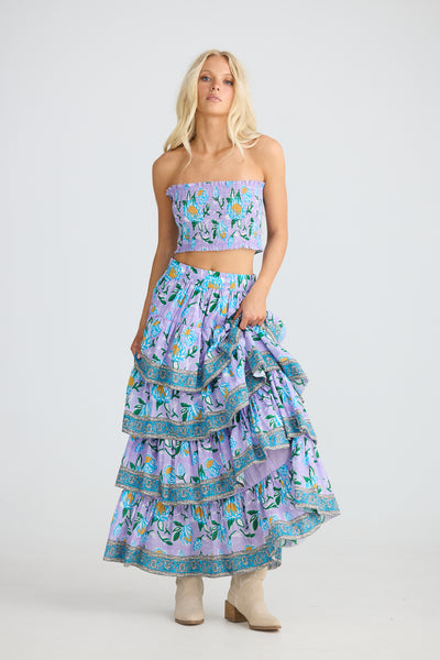 Talisman Silvana Skirt Lilac Lotus – styled with matching Phoenix Bandeau front view