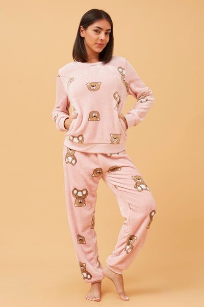 Teddy Print Plush Pyjama Set in pink