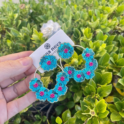 Anna Nova Blue and Pink Floral Sequin Hoop Earrings with gold stud backing – Binny Bowe Boutique