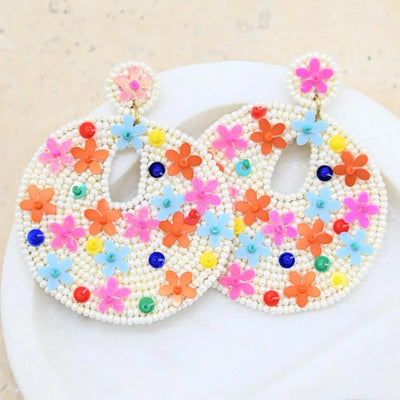 Anna Nova Flower Circle Earrings with colourful beaded floral design in pink, orange, blue, and yellow – Binny Bowe Boutique